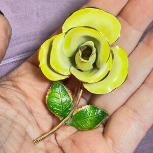 Rose Brooch Yellow Green Enamel Flower Stem Vintage Statement Pin 3”